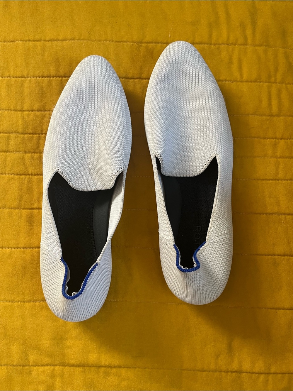Rothy's White Knit Slip-On Flats with Blue Trim